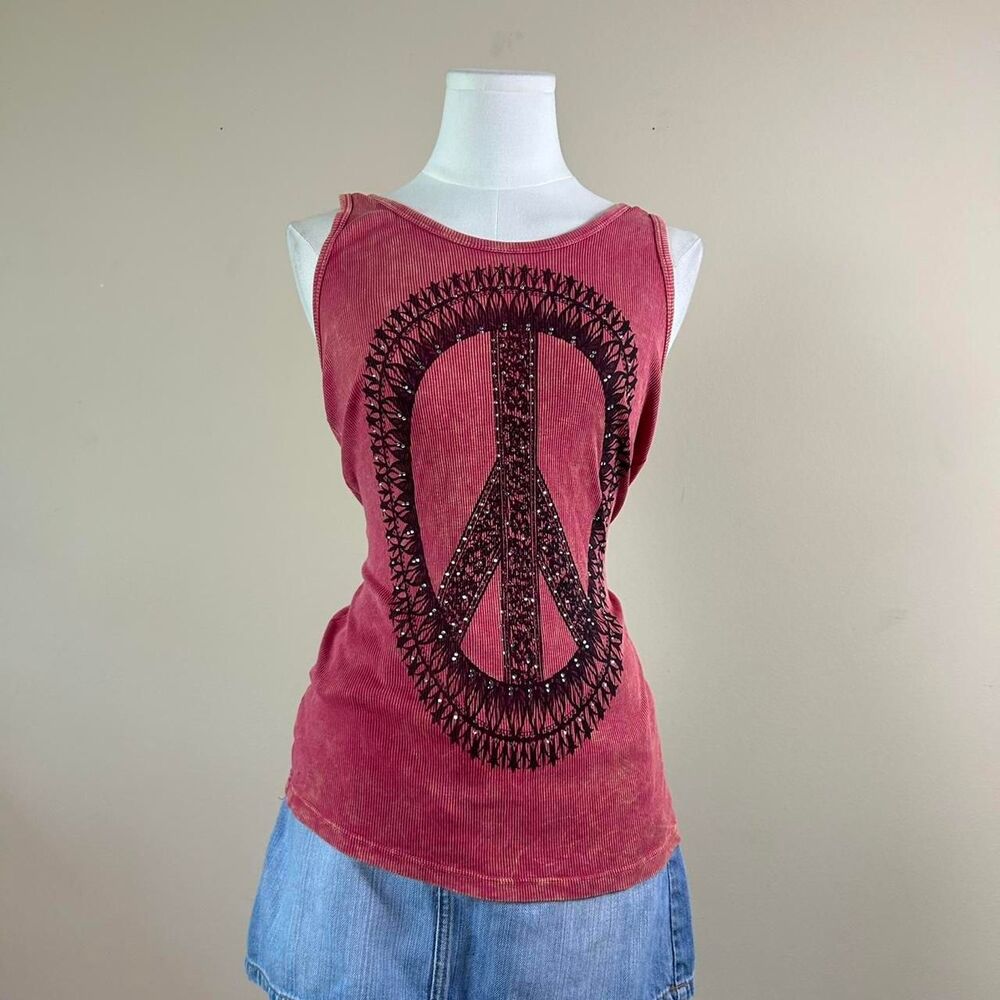 Inc Y2K Mcbling Rhinestone Peace Sign Ribbed Tank